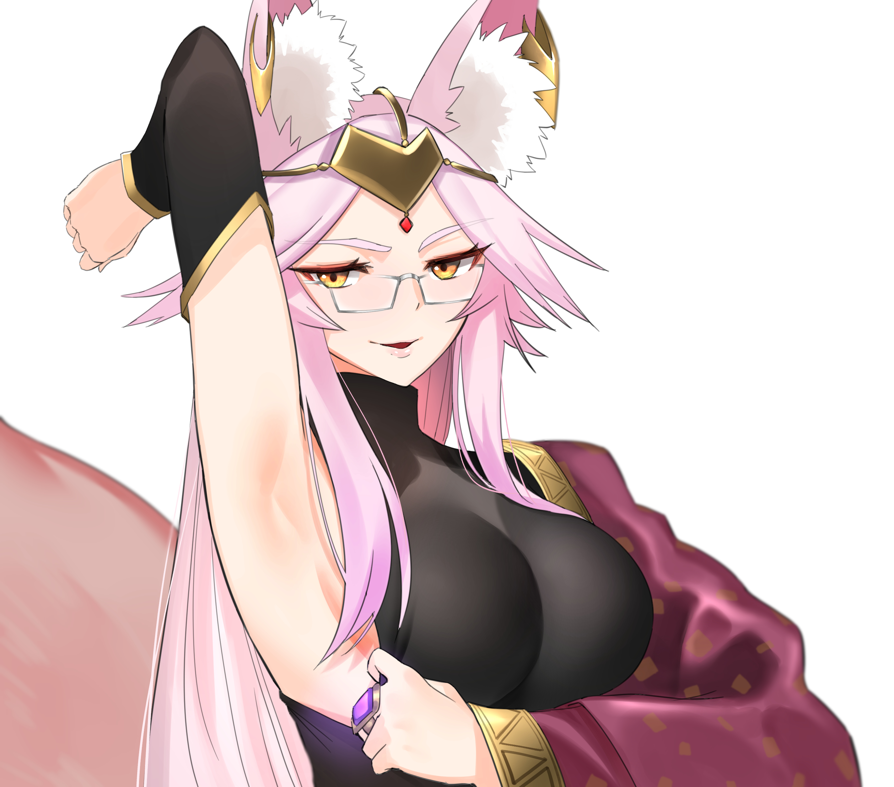 1girl absurdres animal_ear_fluff animal_ears arm_behind_head arm_up armpits blush breasts circlet clothes_pull detached_sleeves earrings fate/grand_order fate_(series) female_focus fox_ears fox_girl fox_tail glasses highres indian_clothes jewelry koyanskaya_(fate) koyanskaya_(indian_lostbelt_outfit)_(fate) large_breasts long_hair looking_at_viewer parted_bangs parted_lips pink_hair presenting_armpit ring saru_(pixiv13751598) shirt_pull sidelocks sleeveless smile solo tail white_background yellow_eyes