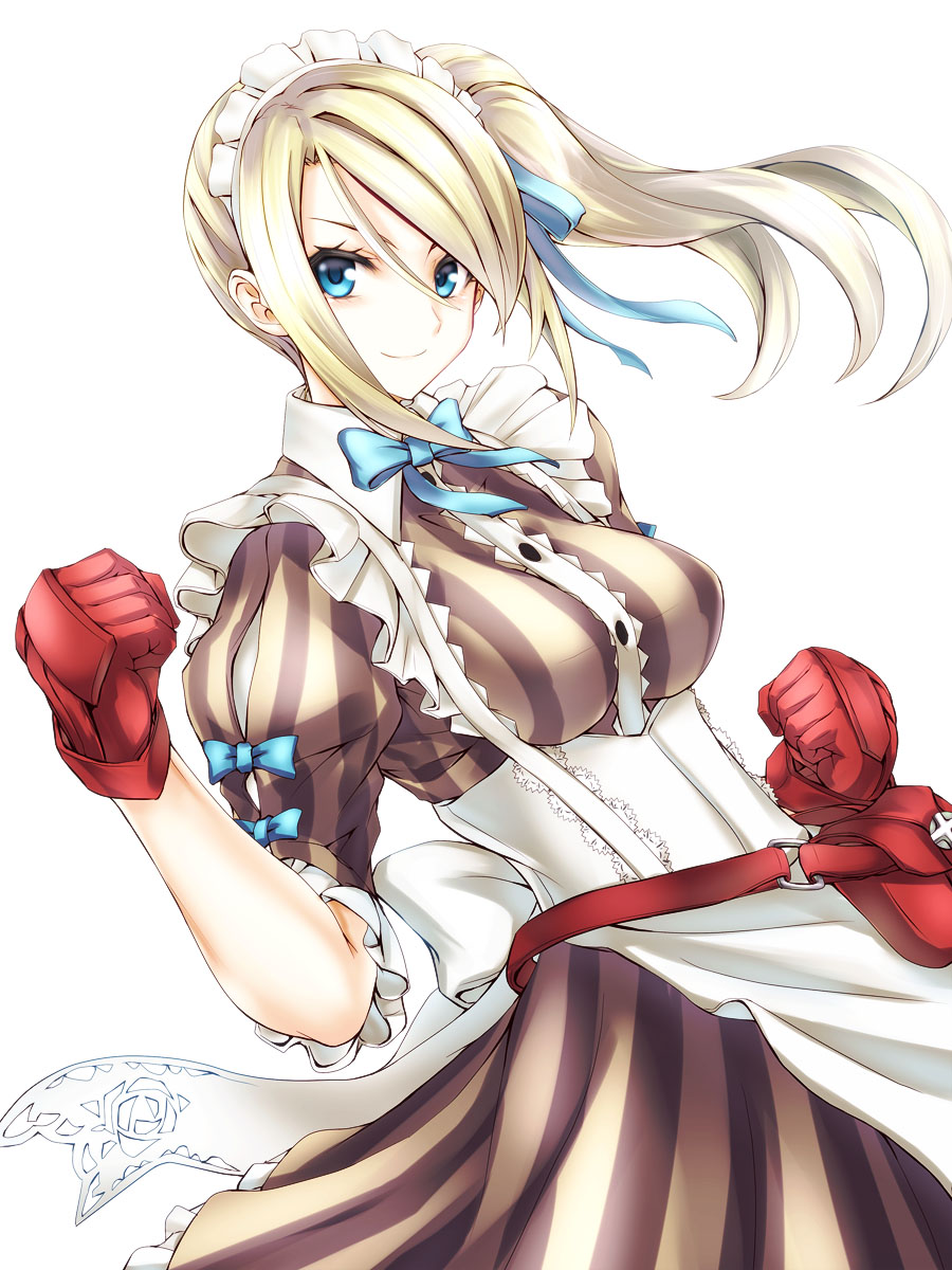 &gt;:) 1girl 7th_dragon_(series) 7th_dragon_iii bag blonde_hair blue_eyes bow bowtie breasts clenched_hands female_focus gloves god-hand_(7th_dragon) highres kurokawa_(silve) long_hair looking_at_viewer maid maid_headdress medium_breasts side_ponytail simple_background smile solo v-shaped_eyebrows white_background