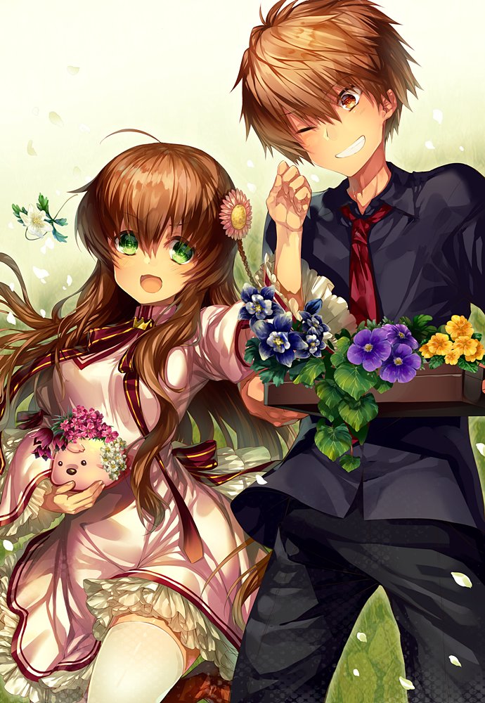 1boy 1girl :d ahoge black_pants black_shirt blue_flower blush braid breasts brown_flower brown_hair chi_no chibi-moth clenched_hand commentary couple cowboy_shot dress dress_shirt eyes_visible_through_hair falling_petals flower flower_wreath frilled_dress frilled_sleeves frills garden gradient_background green_background green_eyes grin hair_between_eyes hair_flower hair_ornament hand_up happy head_tilt head_wreath hetero juliet_sleeves kanbe_kotori kazamatsuri_institute_high_school_uniform leaf long_hair long_sleeves looking_at_another medium_breasts necktie one_eye_closed open_mouth orange_eyes orange_hair pants petals pink_dress pink_flower primrose_(flower) puffy_sleeves purple_flower red_necktie rewrite school_uniform shirt short_hair smile spiked_hair standing standing_on_one_leg tennouji_kotarou thighhighs twin_braids v-shaped_eyebrows very_long_hair violet_(flower) wavy_hair white_background white_thighhighs wide_sleeves yellow_flower