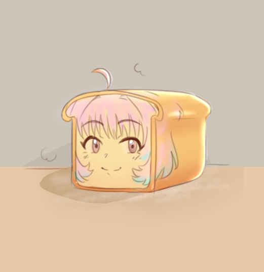 1girl ahoge blush bread brown_background female_focus food foodification hair_intakes i_don&#039;t_want_to_be_bread_(meme) idolmaster idolmaster_cinderella_girls looking_away looking_to_the_side meme multicolored_hair objectification pink_eyes pink_hair psycho_orb short_hair simple_background smile solo two-tone_hair what yumemi_riamu
