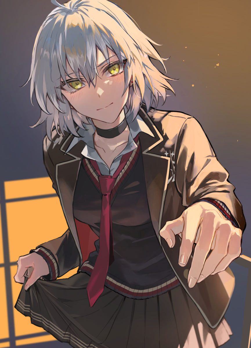 1girl fate/grand_order fate_(series) grey_hair highres jeanne_d&#039;arc_alter_(fate) long_sleeves looking_at_viewer medium_hair necktie poppoman solo yellow_eyes