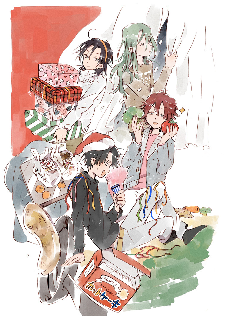 4boys ahoge bag belt black_hair black_sleeves black_socks black_sweater box_stack brown_belt brown_pants brown_sleeves brown_sweater buttons carrot christmas closed_mouth coattails collared_jacket curtains fang food from_side fruit frying_pan full_body fur-trimmed_headwear fur_trim gift green_hair grey_jacket grey_pants grey_sleeves grocery_bag h_kawa hairband half-closed_eyes hat holding holding_food holding_party_popper ibitani_ryou indoors jacket kotatsu layered_sleeves long_hair long_sleeves looking_outside machimiya_eikichi makishima_yuusuke male_focus mandarin_orange medium_hair multiple_boys no_pupils no_shoes open_box open_clothes open_jacket open_mouth pants party_popper pink_shirt plastic_bag pom_pom_(clothes) red_hair red_headwear santa_hat shirt shopping_bag short_hair sitting smile snowing socks sparkle streamers sweatdrop sweater sweater_jacket table tomato toudou_jinpachi turtleneck turtleneck_sweater v-shaped_eyebrows white_background white_pants white_sleeves white_sweater yellow_hairband yowamushi_pedal