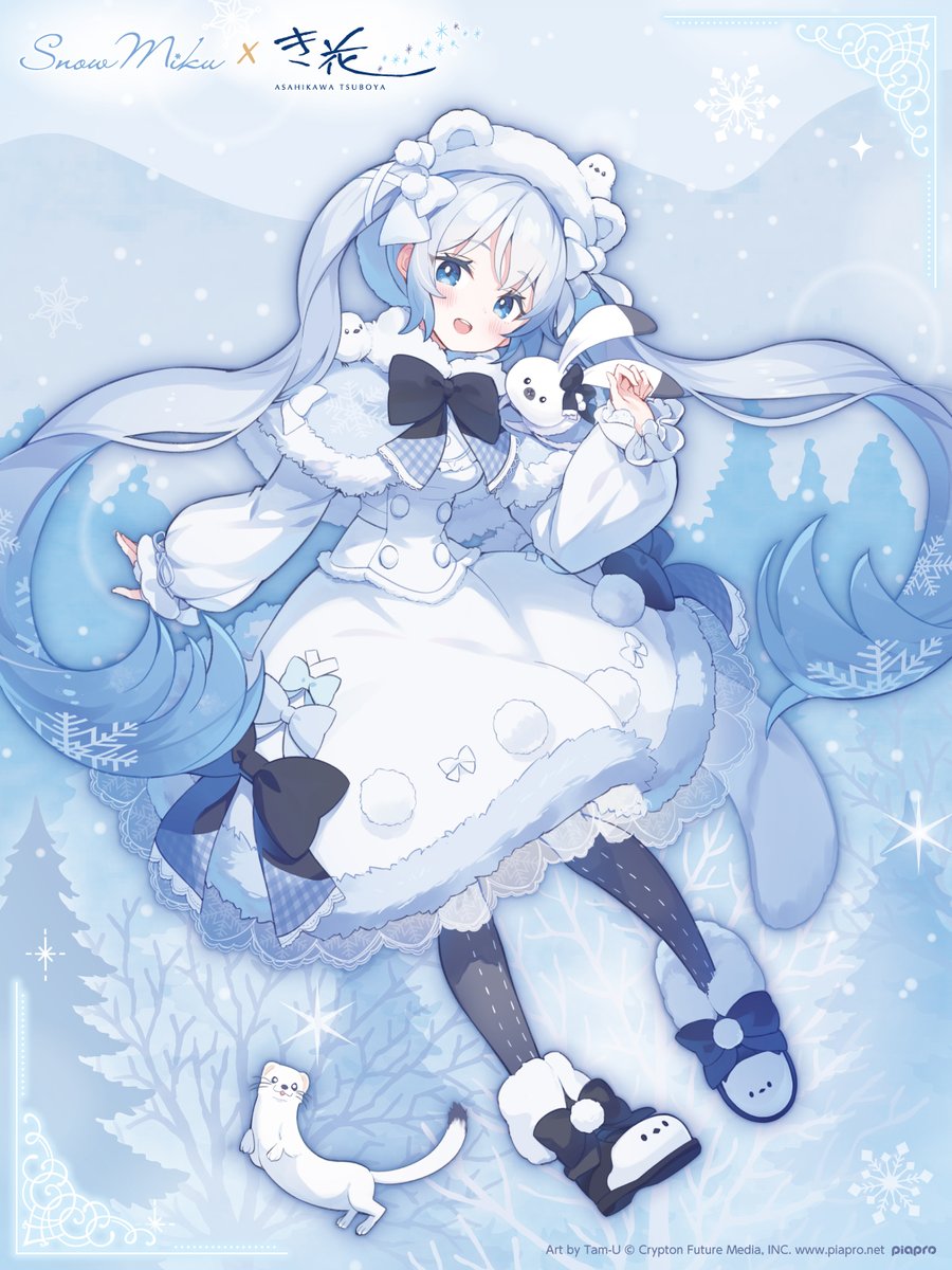 1girl :d animal_ears animal_hat black_bow black_pantyhose black_shoes blue_bow blue_capelet blue_eyes blue_hair blush bow capelet dress fake_animal_ears full_body fur-trimmed_capelet fur-trimmed_dress fur_hat fur_trim grey_hair hand_up hat hatsune_miku head_tilt highres long_hair long_sleeves looking_at_viewer official_art open_mouth pantyhose puffy_long_sleeves puffy_sleeves rabbit_yukine shoes sleeves_past_wrists smile solo tam-u teeth twintails upper_teeth_only very_long_hair vocaloid white_dress white_hat white_pantyhose yuki_miku