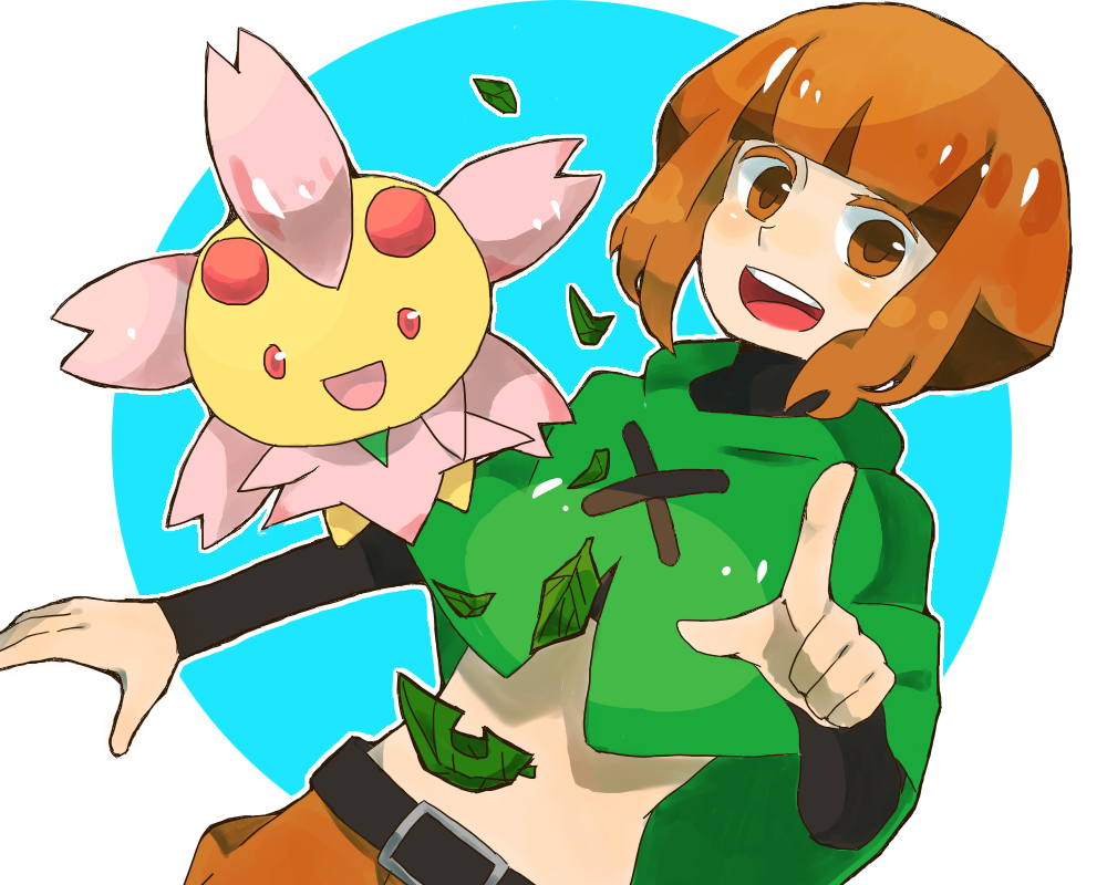 1girl belt belt_buckle black_hair blue_background blush border buckle cherrim cherrim_(sunshine) dutch_angle gardenia_(pokemon) gen_4_pokemon index_finger_raised leaf nintendo open_mouth orange_hair pokemon pokemon_dppt poncho shorts smile solo undershirt white_border