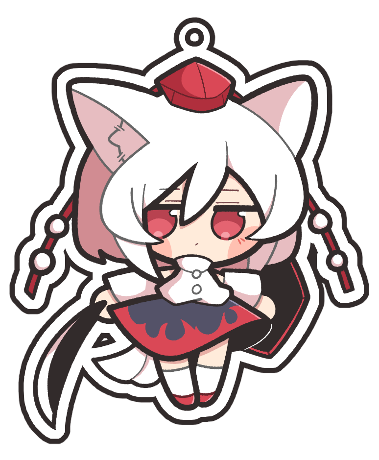 1girl :/ animal_ear_fluff animal_ears baek_ban black_skirt blush_stickers chibi chibi_only closed_mouth detached_sleeves hair_between_eyes hat inubashiri_momiji jitome red_eyes red_hat red_shoes shirt shoes simple_background skirt sleeveless sleeveless_shirt socks solo tail tokin_hat touhou white_background white_hair white_shirt white_sleeves white_socks wolf_ears wolf_girl wolf_tail