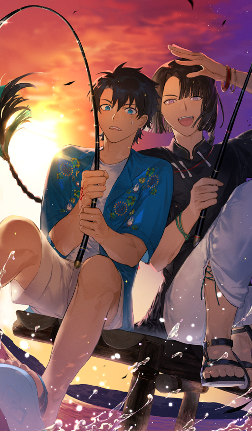 2boys :d araya_(hachino_araya) arctic_summer_world! arm_up bangle black_hair black_sandals black_shirt blue_eyes blue_sandals blue_shirt blunt_ends bracelet braid cloud cloudy_sky command_spell commentary cross-laced_pants dock dutch_angle fate/grand_order fate_(series) fisheye fishing fishing_rod floating_hair foot_out_of_frame fujimaru_ritsuka_(male) gradient_sky hair_ornament hair_tie hand_tattoo holding holding_fishing_rod jewelry knees_up long_hair male_focus mandarin_collar multiple_boys multiple_bracelets no_socks official_alternate_costume official_art open_clothes open_mouth open_shirt orange_sky outdoors pankou pants parted_bangs print_shirt purple_eyes purple_sky sandals shading_eyes shanghai_neckline shirt shirt_under_shirt short_hair short_hair_with_long_locks short_sleeves shorts single_braid sitting sky small_sweatdrop smile splashing sunlight sunset taigong_wang_(fate) tassel tassel_hair_ornament tattoo teeth third-party_source two-handed upper_teeth_only very_long_hair water white_pants white_shirt white_shorts