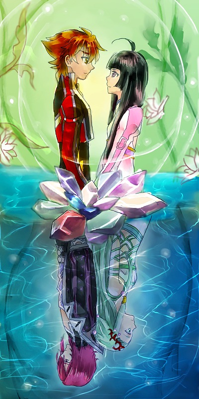 2boys 2girls ahoge aqua_eyes aqua_hair bare_shoulders belt black_hair bodysuit breasts brown_hair choker creed_graphite dress hair_ornament jacket kohaku_hearts long_hair multiple_boys multiple_girls purple_eyes red_hair lithia_spodumene kor_meteor short_hair tales_of_(series) tales_of_hearts yellow_eyes