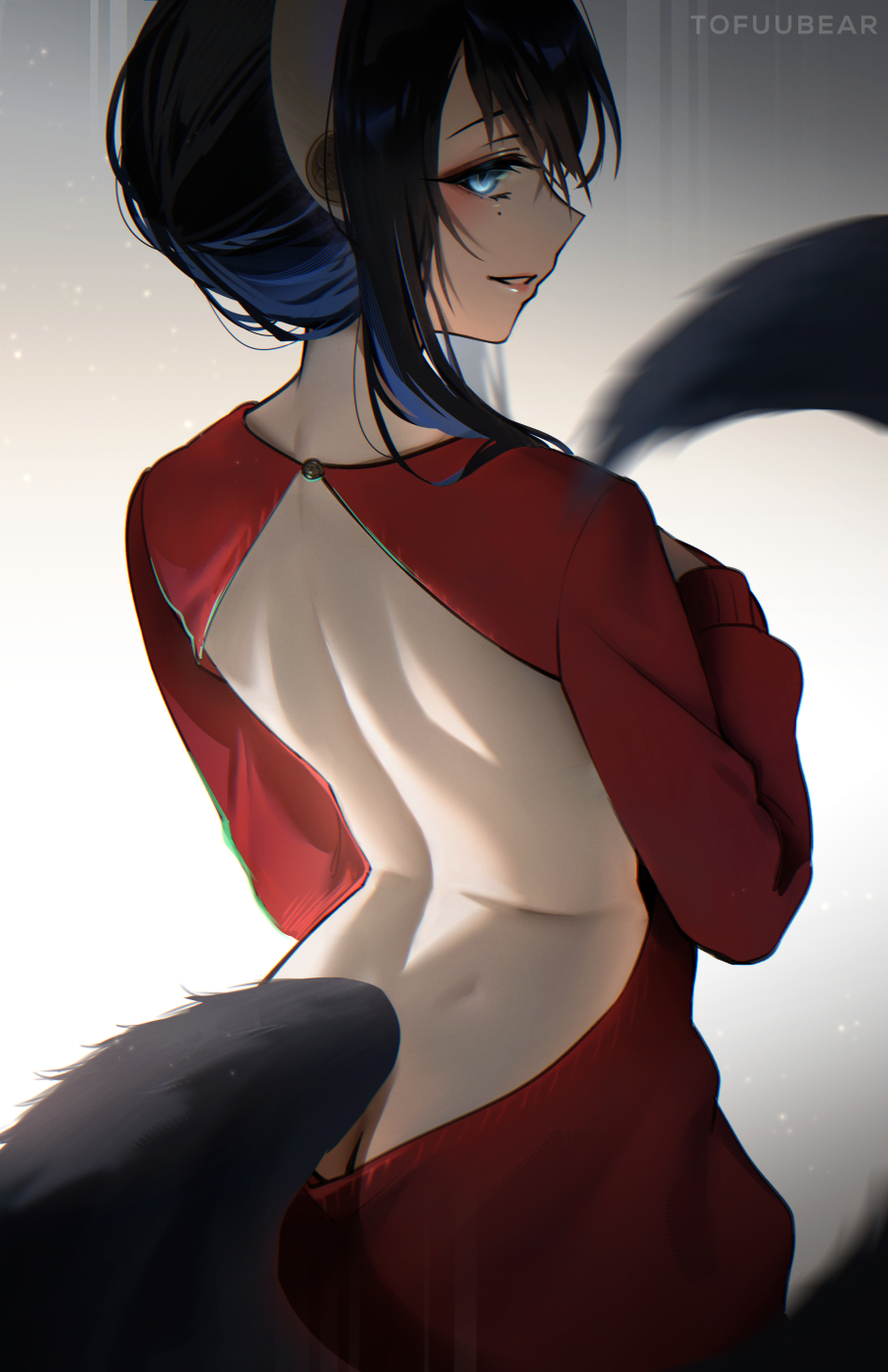 1girl backless_outfit blue_eyes blue_hair blush commentary cosplay english_commentary from_behind hair_ornament hairband highres long_sleeves looking_at_viewer looking_back mole mole_under_eye original parted_lips smile solo spy_x_family tail tofuubear white_hairband yor_briar yor_briar_(cosplay)