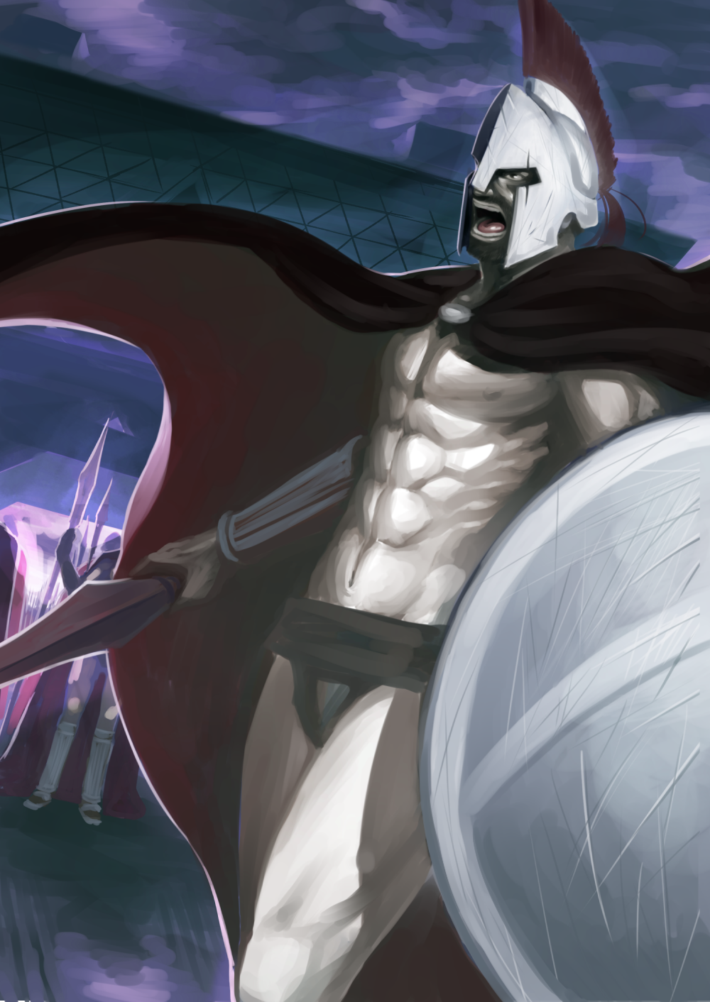 1boy 300_(movie) abs cape comiket corinthian_helmet helmet highres inu_(aerodog) leonidas male_focus manly muscular open_mouth parody polearm shield short_hair solo spear tokyo_big_sight weapon