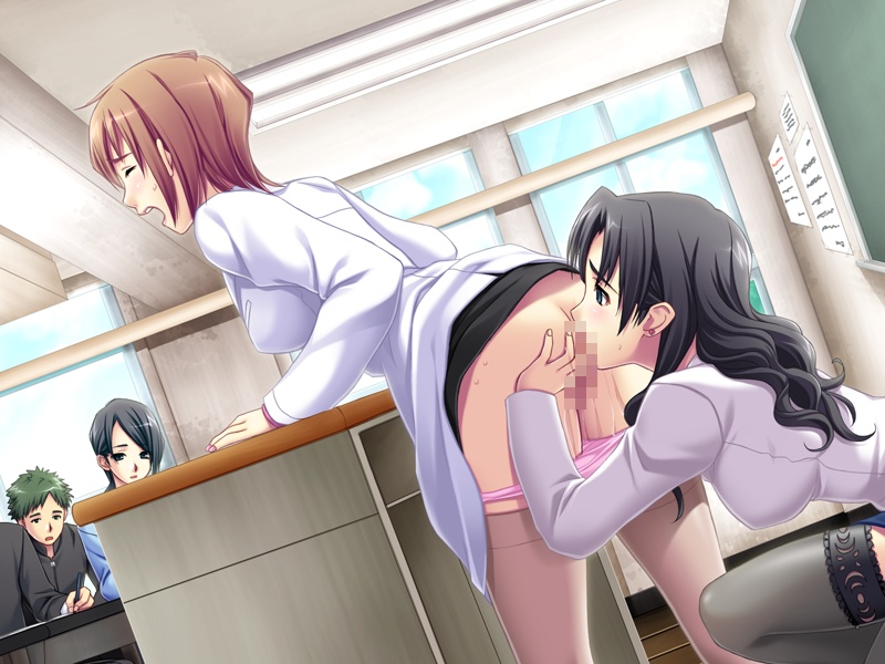 2girls ass ayakawa_haruki black_hair brown_hair censored chalkboard classroom closed_eyes cunnilingus desk earrings female_teacher fujinomori_shiho game_cg grabbing_another&#039;s_ass groping hypnosis indoors jewelry london_inu long_hair mind_control mosaic_censoring multiple_girls open_mouth oral panties panty_pull pink_panties podium public_indecency pussy pussy_juice school school_uniform short_hair soushinjutsu_3 standing studio_jaren teacher teacher_and_student underwear yuri