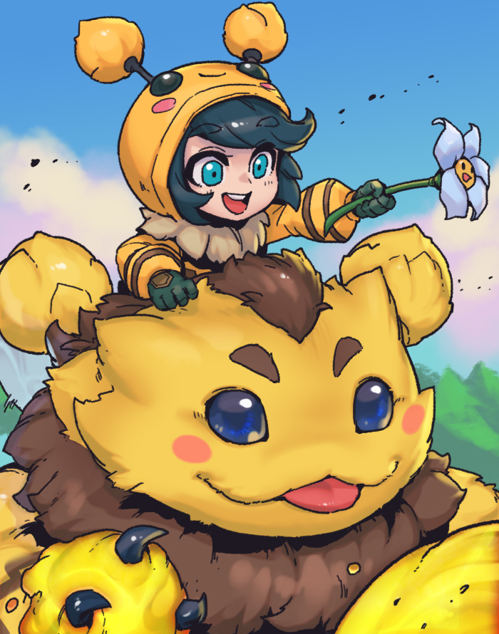 :d beelump black_gloves black_hair blush blush_stickers cloud creature day flower gloves green_eyes grey_flower hood hood_up hooded_jacket jacket league_of_legends long_sleeves nunu_&amp;_beelump nunu_(league_of_legends) official_alternate_costume open_mouth outdoors phantom_ix_row short_hair size_difference smile teeth tongue tongue_out upper_body upper_teeth_only willump yellow_jacket