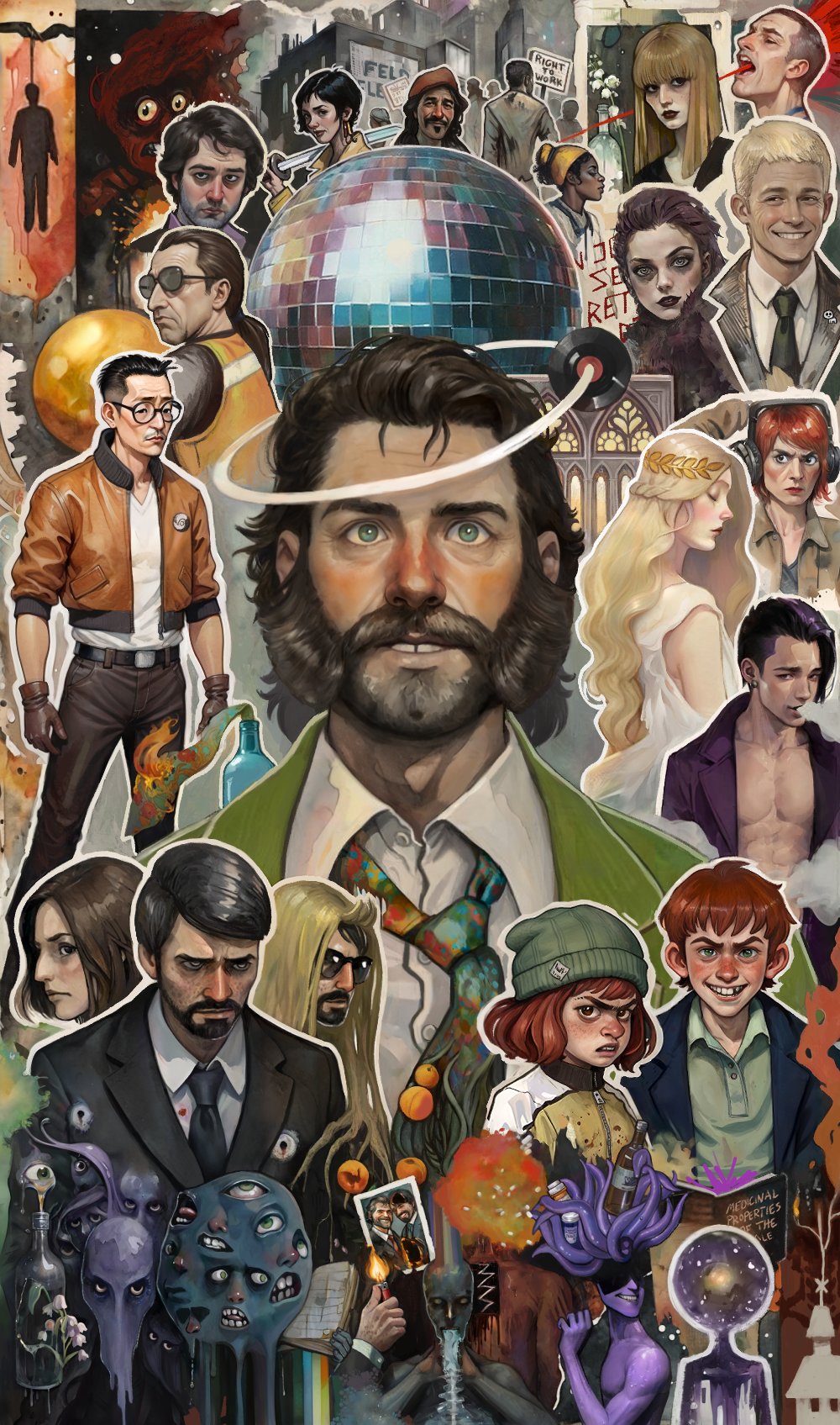 6+boys 6+girls angry asymmetrical_hair bare_pectorals beard_stubble black_hair blonde_hair blowing_smoke bomber_jacket brown_hair call_me_manana_(disco_elysium) child cindy_the_skull_(disco_elysium) cuno cunoesse_vittulainen dark-skinned_female dark_skin disco_ball disco_elysium dora_ingerlund dornkaitlyn drama_(disco_elysium) earrings elizabeth_beaufort english_text esprit_de_corps_(disco_elysium) extra_faces facial_hair garte_(disco_elysium) glasses green_eyes green_jacket harry_du_bois head_wreath highres inland_empire_(disco_elysium) jacket jean_vicquemare jewelry judit_minot kim_kitsuragi klaasje_amandou lighter lilienne_carter long_hair looking_at_viewer mature_female mature_male medium_hair multiple_boys multiple_girls mustache mutton_chops necktie open_clothes pectorals purple_hair red_hair rhetoric_(disco_elysium) ruby_(disco_elysium) short_hair sidecut smile smoker_in_the_balcony_(disco_elysium) stubble suggestion_(disco_elysium) sunglasses tentacle_hair tooth_gap trant_heidelstam undercut vinyl_record wig