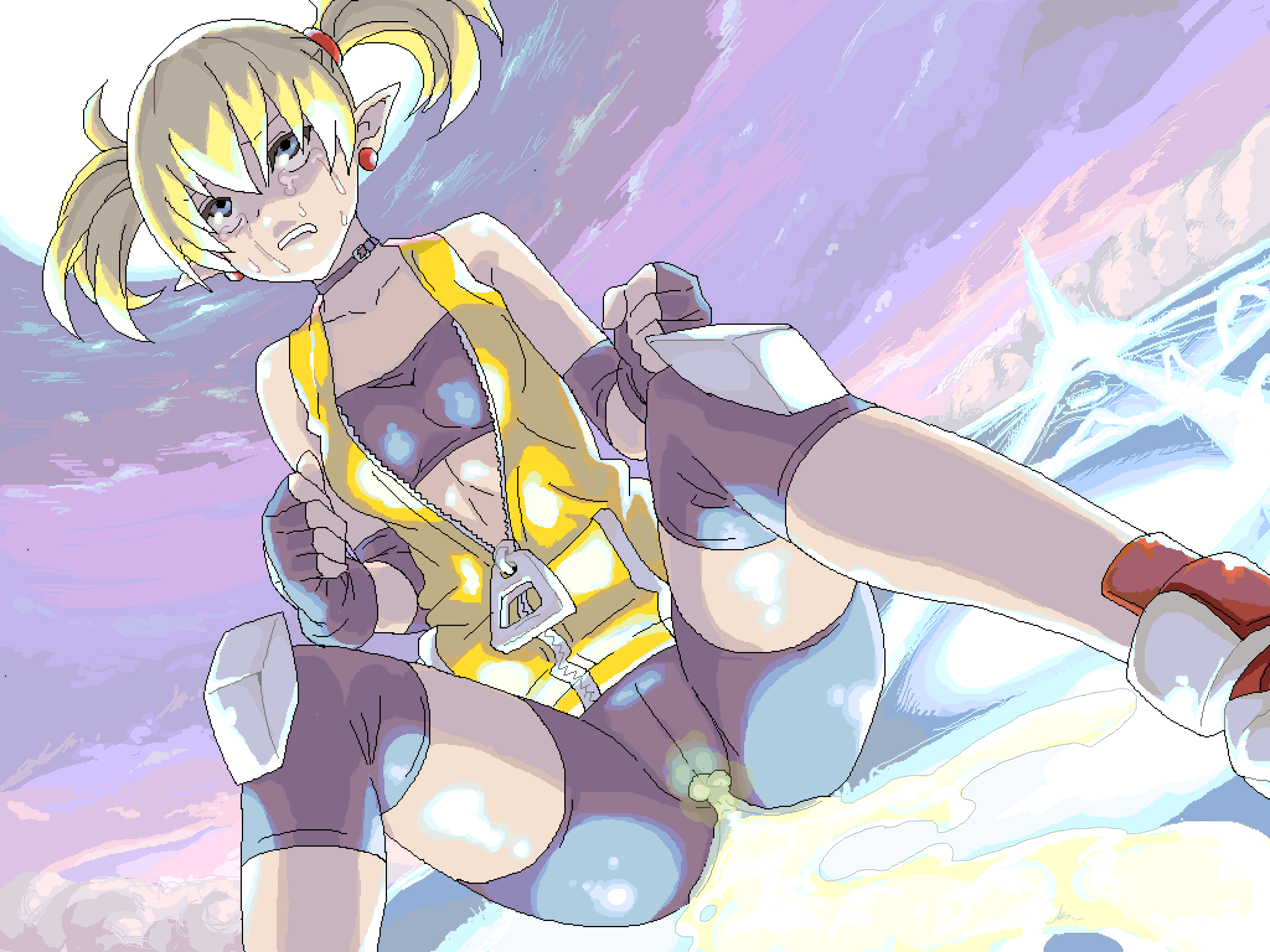 1girl arcana_heart bike_shorts blonde_hair blue_eyes breasts cameltoe clenched_hand demon_girl fingerless_gloves gloves highres legs lilica_felchenerow medium_breasts oekaki peeing pointy_ears sitting solo tears thighs twintails unzipped