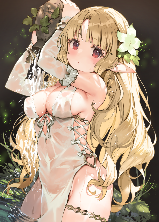 1girl blonde_hair blush breasts cleavage detached_sleeves dress elf flower hair_flower hair_ornament holding holding_jug jug_(bottle) leaf long_hair medium_breasts original parsley-f partially_submerged pelvic_curtain pointy_ears see-through_clothes solo thigh_strap water wet wet_clothes wet_dress white_dress white_flower