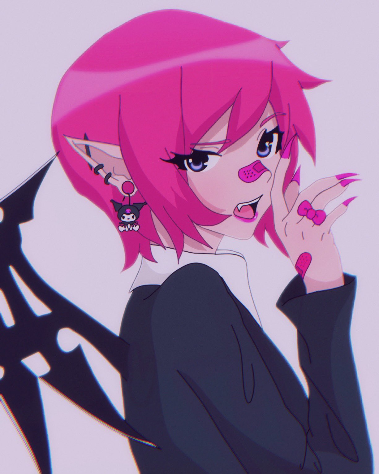 1girl bandaid bandaid_on_face bandaid_on_hand bandaid_on_nose black_suit black_wings blue_eyes collared_shirt eyebrows_hidden_by_hair fang fingernails formal_clothes highres lipstick makeup nail_polish pink_hair pink_nails pointy_ears sharp_fingernails shin_subarashiki_kono_sekai shirt short_hair spiked_wings subarashiki_kono_sekai suit white_shirt wings yashiro_uzuki