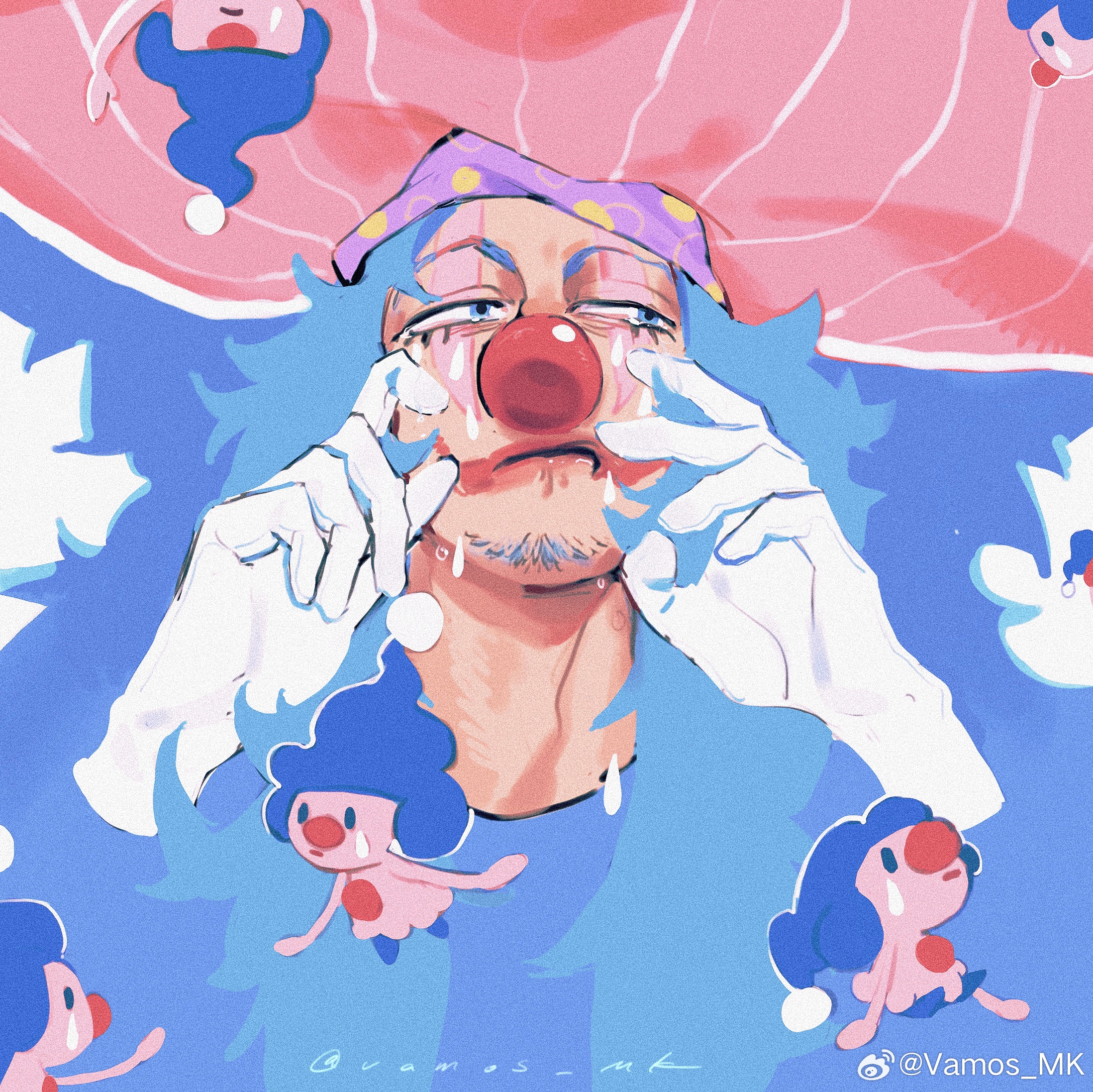1boy blue_background blue_eyes blue_hair buggy_the_clown closed_mouth clown_nose creatures_(company) crossover facepaint facial_hair game_freak gen_4_pokemon gloves goatee hat highres male_focus mime_jr. nintendo one_piece pink_hat pokemon pokemon_(creature) teardrop tears upper_body vamos_mk white_gloves