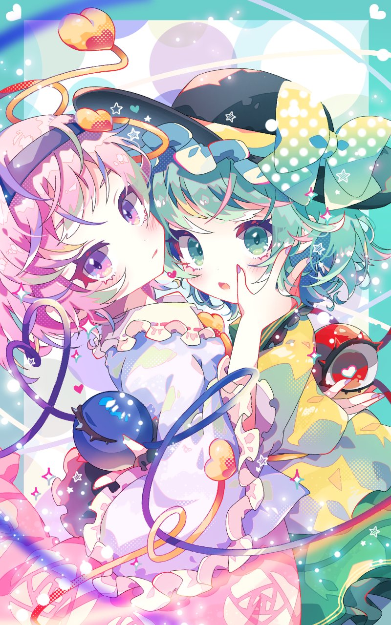 2girls black_hairband black_hat blouse blue_shirt blush bow collared_shirt commentary cowboy_shot floral_print floral_print_skirt frilled_hat frilled_shirt_collar frilled_skirt frilled_sleeves frills green_eyes green_hair green_nails green_skirt hair_ornament hairband hand_on_another&#039;s_cheek hand_on_another&#039;s_face hat hat_bow heart heart_hair_ornament heart_of_string highres koishi_day komeiji_koishi komeiji_satori kouyou_gunkan long_sleeves looking_at_viewer multiple_girls open_mouth parted_lips pink_hair pink_skirt polka_dot polka_dot_bow print_skirt purple_eyes purple_nails revision ribbon-trimmed_collar ribbon_trim rose_print shirt short_hair siblings sisters skirt sparkle third_eye touhou wide_sleeves yellow_shirt