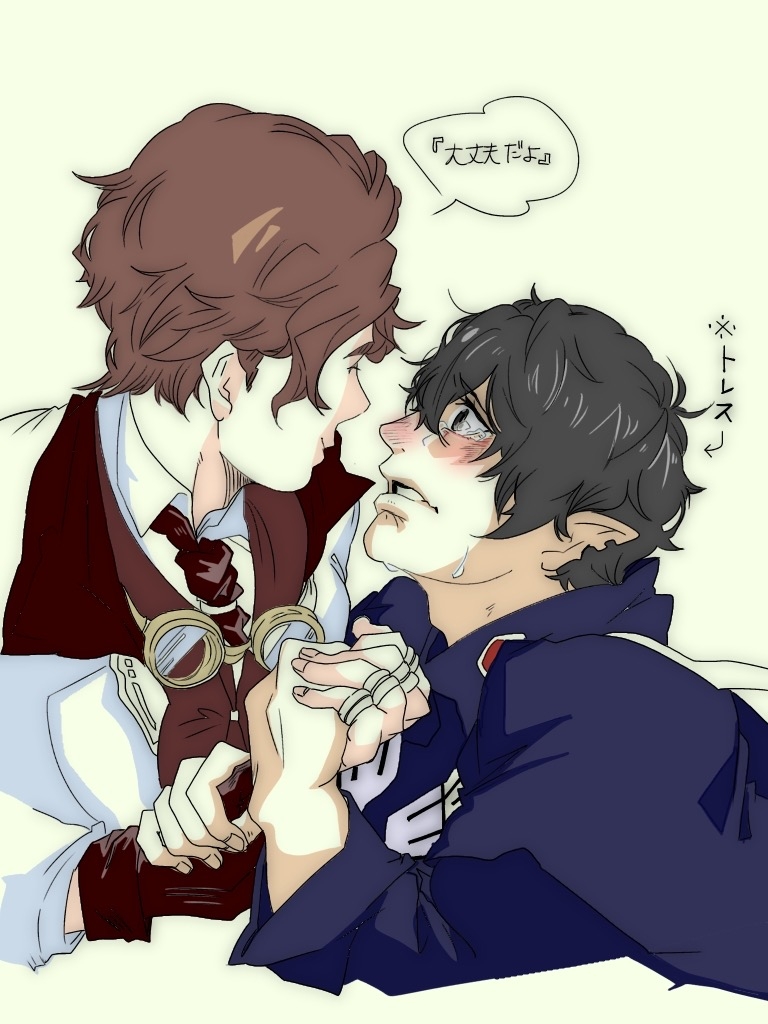 2boys beelzebub_(shuumatsu_no_valkyrie) black_eyes black_gloves black_hair black_jacket black_necktie black_robe blush brown_hair closed_mouth collared_shirt crying crying_with_eyes_open curly_hair formal_clothes gloves goggles goggles_around_neck high_collar jacket japanese_text jewelry looking_at_another male_focus messy_hair multiple_boys multiple_rings necktie nikola_tesla_(shuumatsu_no_valkyrie) notched_ear one_glove parted_lips pointy_ears ring robe shirt short_hair shuumatsu_no_valkyrie single_glove tears translation_request two-sided_fabric white_jacket white_shirt yaoi