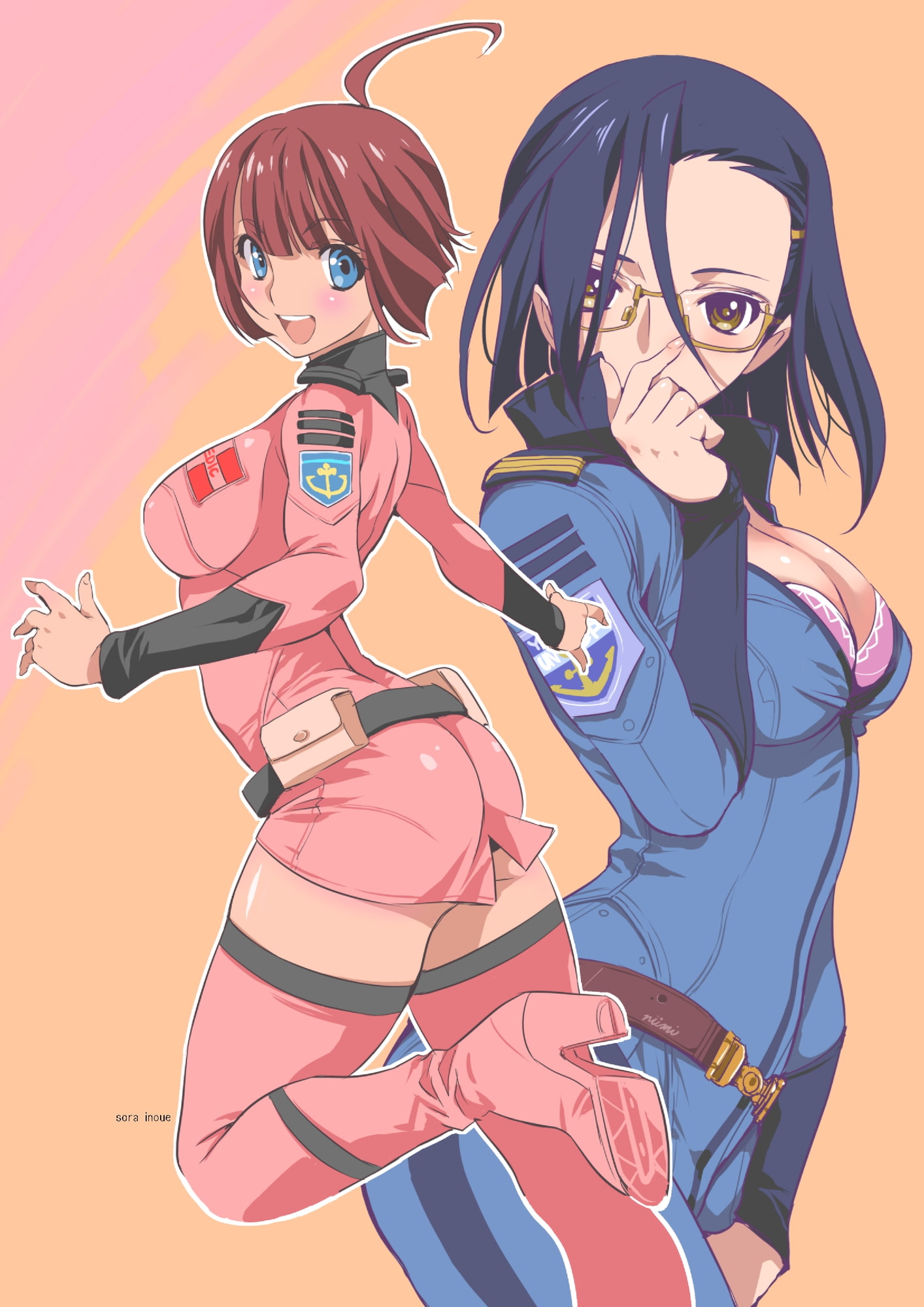 2girls ahoge ass belt black_hair black_panties blue_eyes blush bodysuit boots bra breasts brown_eyes brown_hair cleavage glasses hair_ornament hairclip harada_makoto highres inoue_sora large_breasts looking_at_viewer looking_back loose_belt multiple_girls niimi_kaoru panties pantylines photoshop_(medium) pink_boots pink_bra semi-rimless_eyewear short_hair signature skin_tight smile textless_version thigh_boots thighhighs uchuu_senkan_yamato uchuu_senkan_yamato_2199 under-rim_eyewear underwear unzipped yellow-framed_eyewear