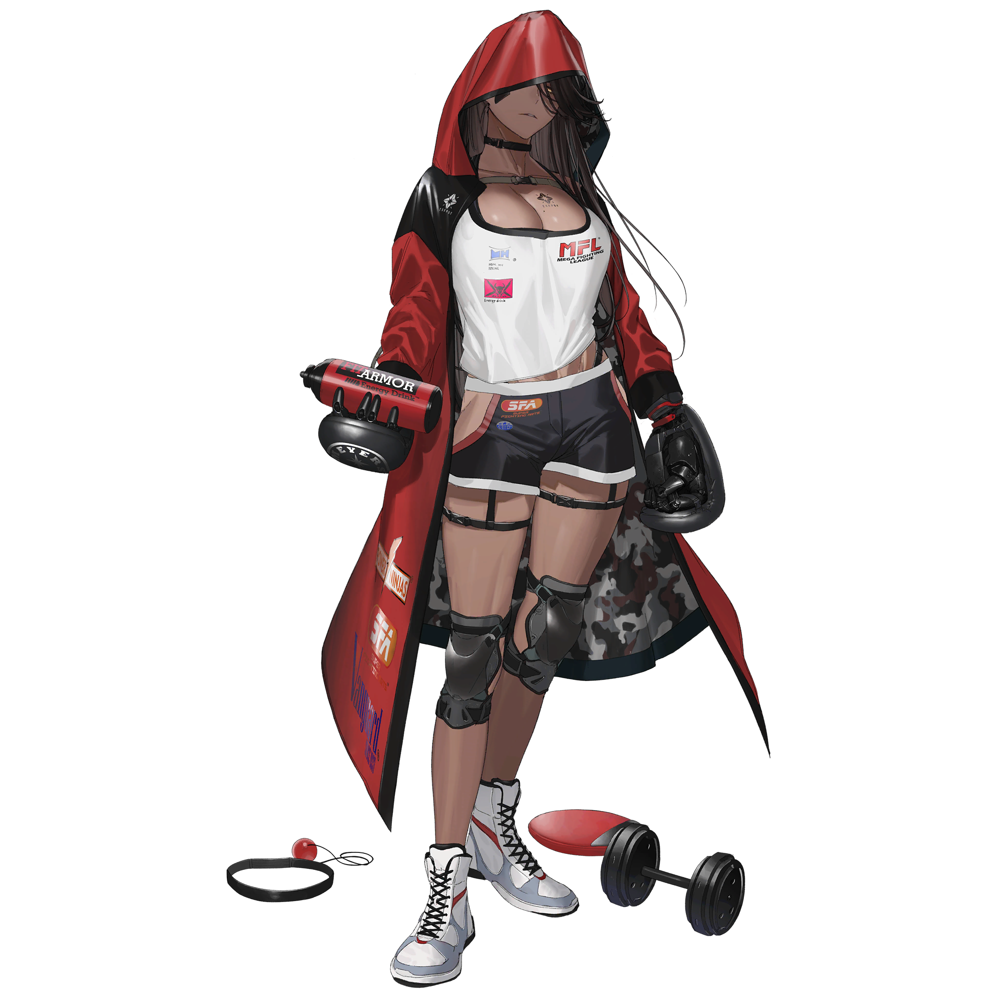 1girl black_hair black_shorts bottle boxing_gloves breasts choker cleavage dark-skinned_female dark_skin full_body game_cg girls'_frontline girls'_frontline_neural_cloud highres hip_vent holding holding_bottle hood hood_over_one_eye hood_up jacket kaoruko_(unkrk55) knee_pads large_breasts magnhilda_(neural_cloud) official_art open_clothes open_jacket shirt shoes shorts sneakers solo standing tachi-e third-party_source transparent_background water_bottle weight white_shirt white_shoes yellow_eyes