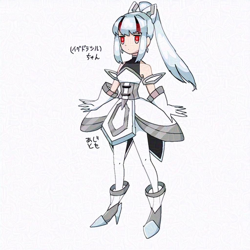 1girl armor digimon dress female_focus personification red_eyes solo white_hair yggdrasill_(digimon) yggdrasill_7d6