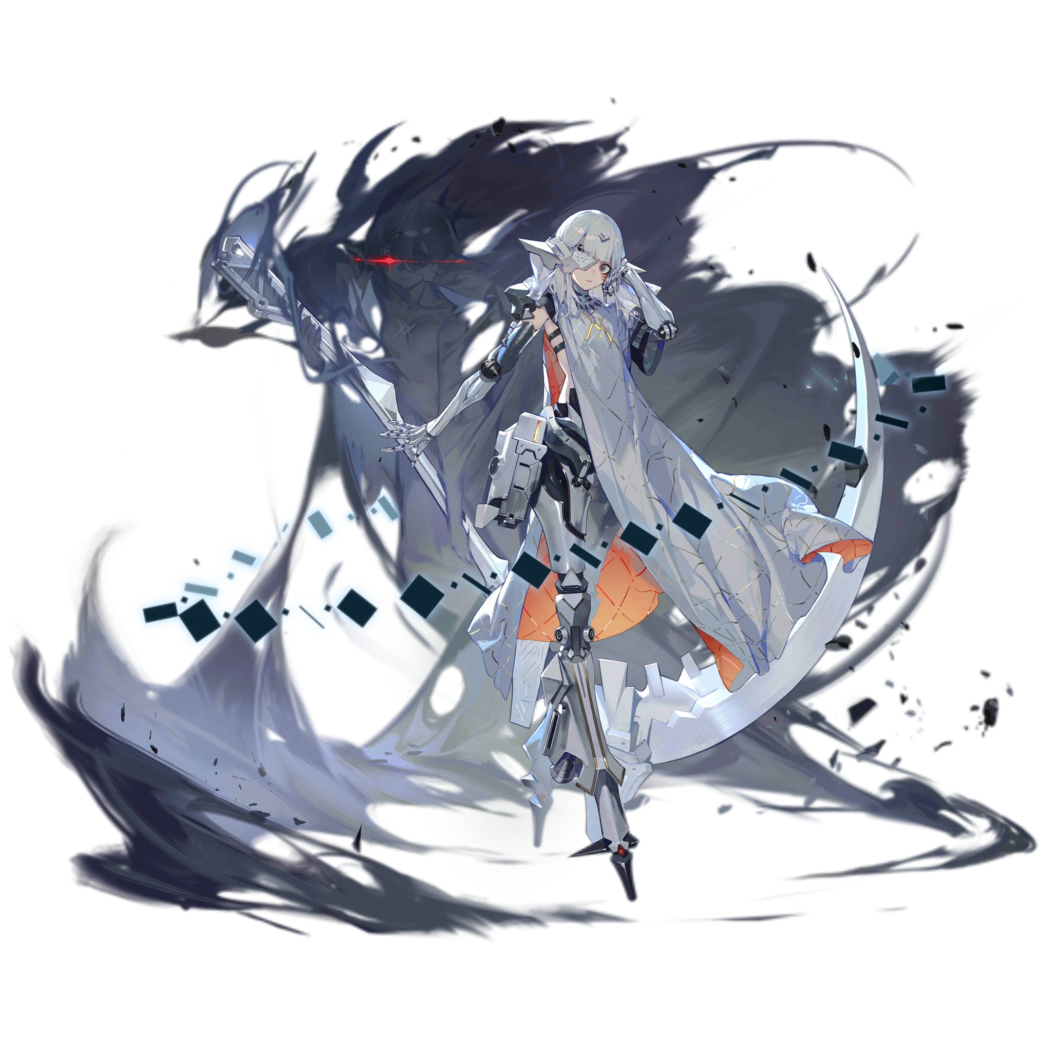 1girl alina_(girls'_frontline) breasts brown_eyes closed_mouth cyborg debris empty_eyes expressionless eyepatch facial_mark full_body girls'_frontline gold_trim gun hair_ornament hairclip headgear highres holding holding_scythe holding_weapon joints lips long_hair looking_at_viewer mechanical_arms mechanical_legs medium_breasts metal_eyepatch no_feet nyto_(girls'_frontline) official_art pale_skin paradeus rifle robot_joints rock scapular scythe simple_background smoke solo stand_(jojo) standing third-party_source transparent_background weapon white_hair white_scapular xiao_qiang_sang