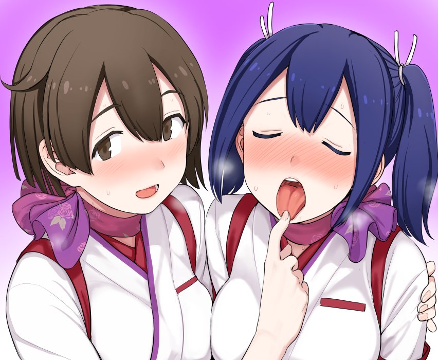 10s 2girls alternate_costume ascot blue_hair blush brown_eyes brown_hair closed_eyes gradient_background hiryuu_(kancolle) hiryuu_(peach)_(kancolle) jpeg_artifacts kantai_collection kumadano multiple_girls open_mouth oral_invitation peach_(airline) short_hair souryuu_(kancolle) souryuu_(peach)_(kancolle) sweat tongue tongue_out upper_body