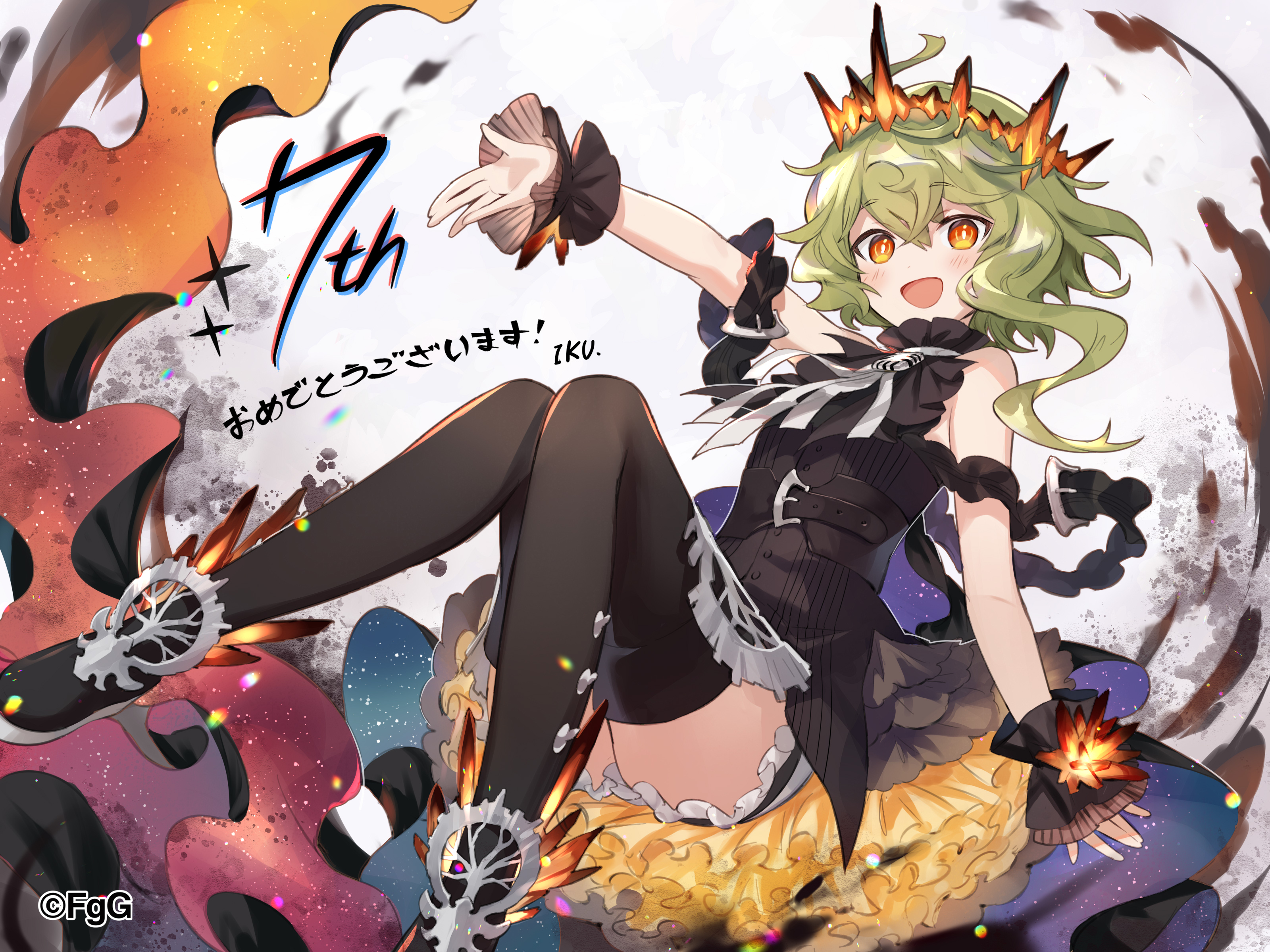 1girl :d absurdres ahoge artist_name bare_shoulders belt black_belt black_boots black_dress black_scrunchie boots breasts crossed_bangs dress feet_out_of_frame gjallarhorn_(phantom_of_the_kill) green_hair hair_between_eyes highres looking_at_viewer official_art open_mouth orange_eyes outstretched_arm phantom_of_the_kill scrunchie second-party_source sidelocks small_breasts smile solo thigh_boots