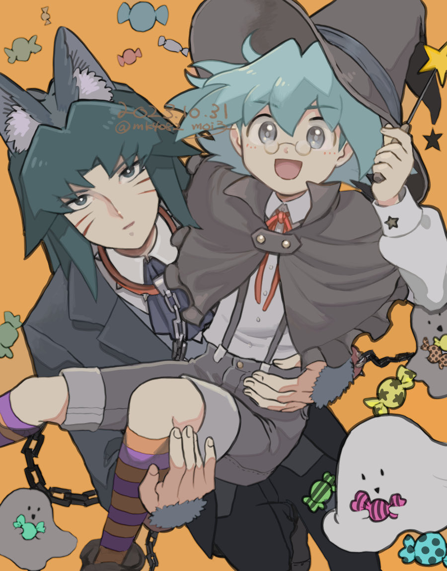 2boys ascot black_ascot blue_hair brothers buttons closed_mouth collar cuffs dated facial_mark grey_eyes grey_hair grey_shorts hat holding holding_wand long_hair long_sleeves looking_at_viewer male_focus marufuji_ryo marufuji_sho moiko multiple_boys open_mouth orange_background red_ribbon ribbon round_eyewear shackles shirt shorts siblings socks spiked_collar spikes striped_clothes striped_socks suspenders wand white_shirt witch_hat yu-gi-oh! yu-gi-oh!_gx