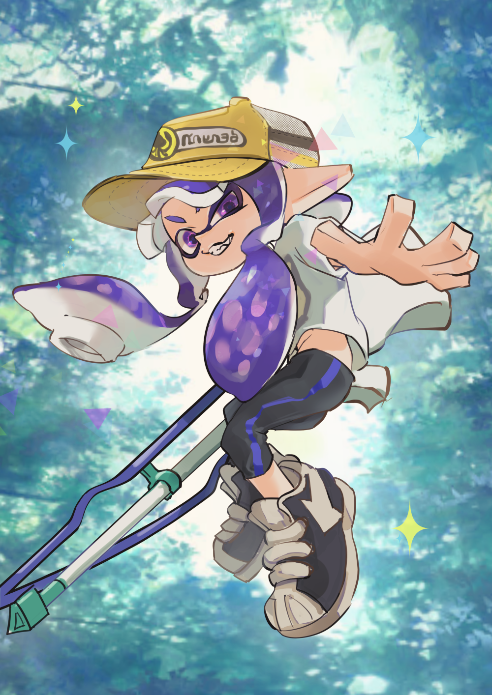 1girl baseball_cap black_leggings black_shoes grin hat highres inkling inkling_girl inkling_player_character koike3582 leggings long_hair looking_at_viewer multicolored_shoes nintendo pointy_ears purple_eyes purple_hair shirt shoes short_sleeves single_vertical_stripe smile solo splatoon_(series) squiffer_(splatoon) suction_cups tentacle_hair two-tone_shoes uneven_eyes white_shirt white_shoes