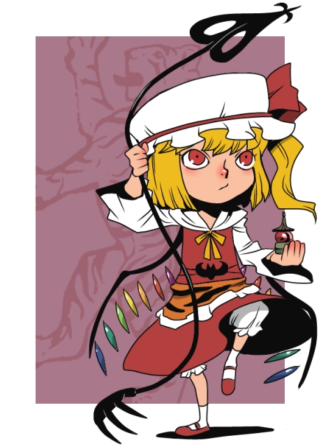 1girl animal_print bishamonten&#039;s_pagoda blonde_hair bloomers cosplay dress female_focus fighting_stance flandre_scarlet hat hat_ribbon laevatein long_sleeves mob_cap onikobe_rin red_dress red_eyes ribbon side_ponytail solo standing standing_on_one_leg tiger_print toramaru_shou toramaru_shou_(cosplay) touhou underwear wide_sleeves wings