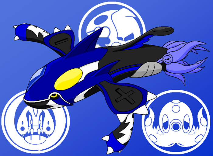 blue_background creature eelektross fusion gen_2_pokemon gen_3_pokemon gen_5_pokemon kamen_rider kamen_rider_ooo_(series) kyogre legendary_pokemon mario_(series) nintendo no_humans octillery parody pokemon pokemon_(creature) redol shauta_(ooo_combo) simple_background super_mario_bros._1 super_mushroom