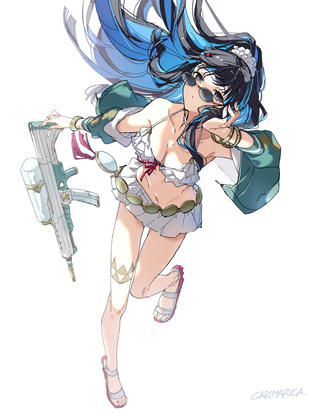 1girl bare_shoulders belly_chain bikini black_hair blue_hair breasts carimarica choker cleavage colored_inner_hair eyeliner fate/grand_order fate_(series) full_body green_jacket grey_eyes high_ponytail highres jacket jewelry long_hair long_sleeves looking_at_viewer makeup medium_breasts multicolored_hair navel off_shoulder ponytail round_eyewear sandals sidelocks solo sunglasses swimsuit tenochtitlan_(fate) tenochtitlan_(swimsuit_mooncancer)_(fate) tenochtitlan_(swimsuit_mooncancer)_(first_ascension)_(fate) thighlet water_gun white_bikini