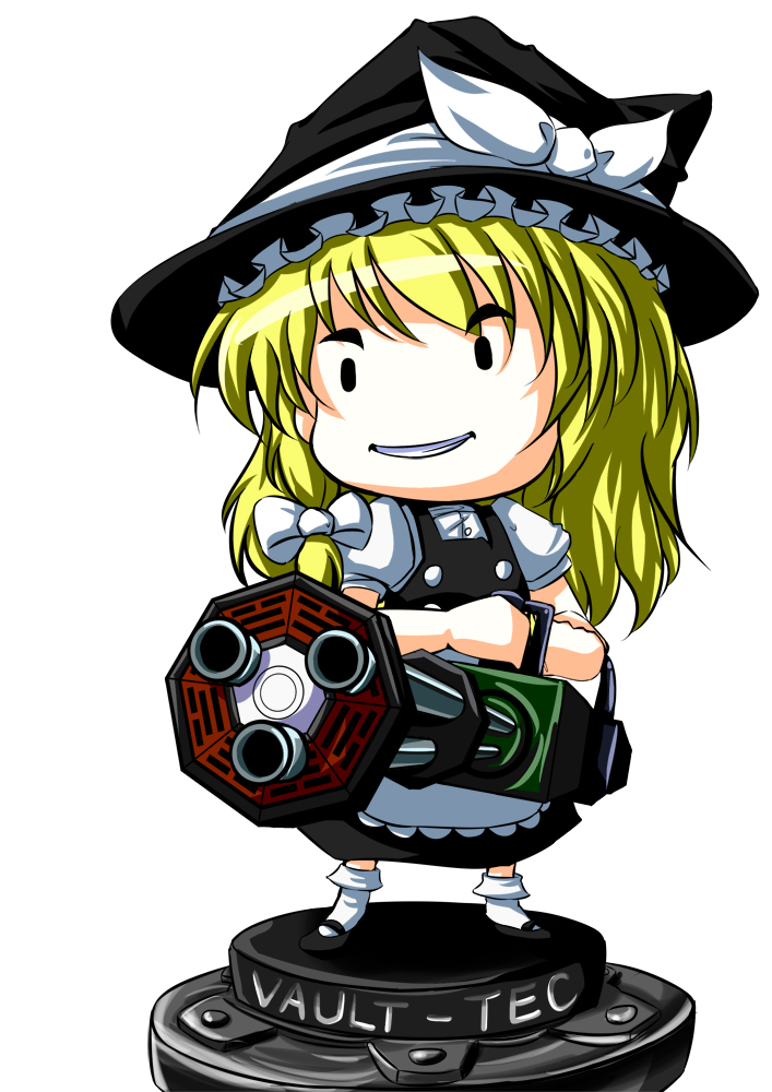 1girl akeyoru bobblehead fallout fallout_3 female_focus gatling_gun gun hat kirisame_marisa mini-hakkero minigun simple_background solo touhou vault_boy weapon white_background