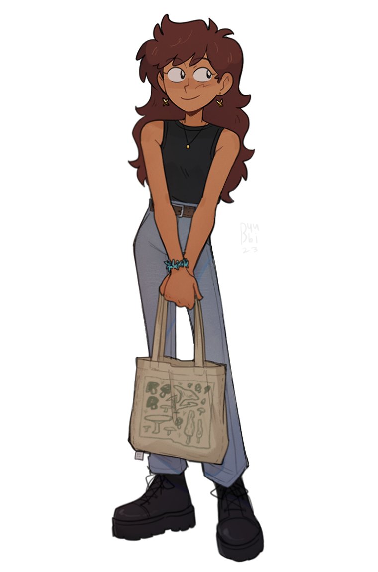 1girl aged_up amphibia anne_boonchuy bag belt black_shirt boots brown_hair butterfly_earrings byubiyubi dark-skinned_female dark_skin earrings full_body jewelry long_hair looking_to_the_side necklace pants scrunchie shirt sleeveless smile solo standing white_background wrist_scrunchie