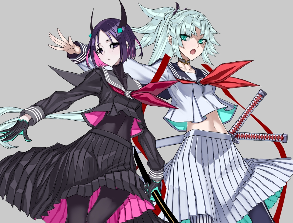 2girls black_eyes black_gloves black_sailor_collar black_shirt black_skirt bodystocking breasts choker colored_inner_hair covered_navel fate/samurai_remnant fate_(series) gloves green_eyes grey_sailor_collar honjou_raita katana long_hair long_sleeves looking_at_viewer medium_breasts midriff multicolored_hair multiple_girls navel neckerchief open_mouth parted_bangs pink_hair pleated_skirt ponytail purple_hair sailor_collar school_uniform serafuku shirt short_hair sidelocks skirt sword thighs ushi_gozen_(fate) weapon white_hair white_shirt white_skirt yui_shousetsu_(fate)