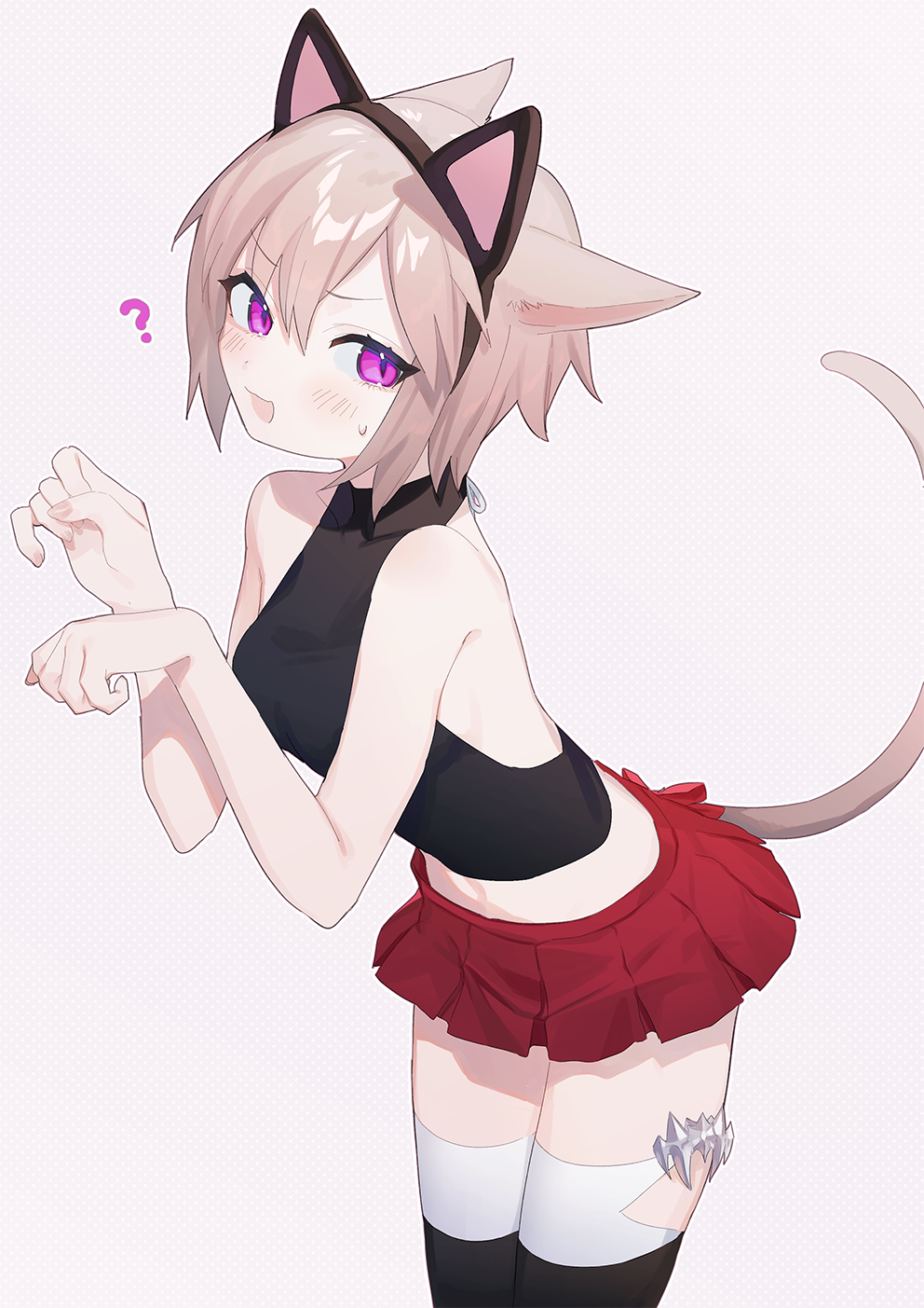 1girl ? animal_ear_headband animal_ears bare_shoulders black_shirt black_thighhighs breasts brown_hair cat_ears cat_girl cat_tail fake_animal_ears final_fantasy final_fantasy_xiv fingernails funa_(sakana) halter_shirt halterneck headband highres medium_breasts microskirt midriff miqo&#039;te open_mouth original paw_pose pleated_skirt purple_eyes red_skirt shirt short_hair skirt sleeveless sleeveless_shirt solo sweatdrop tail thighhighs warrior_of_light_(ff14)