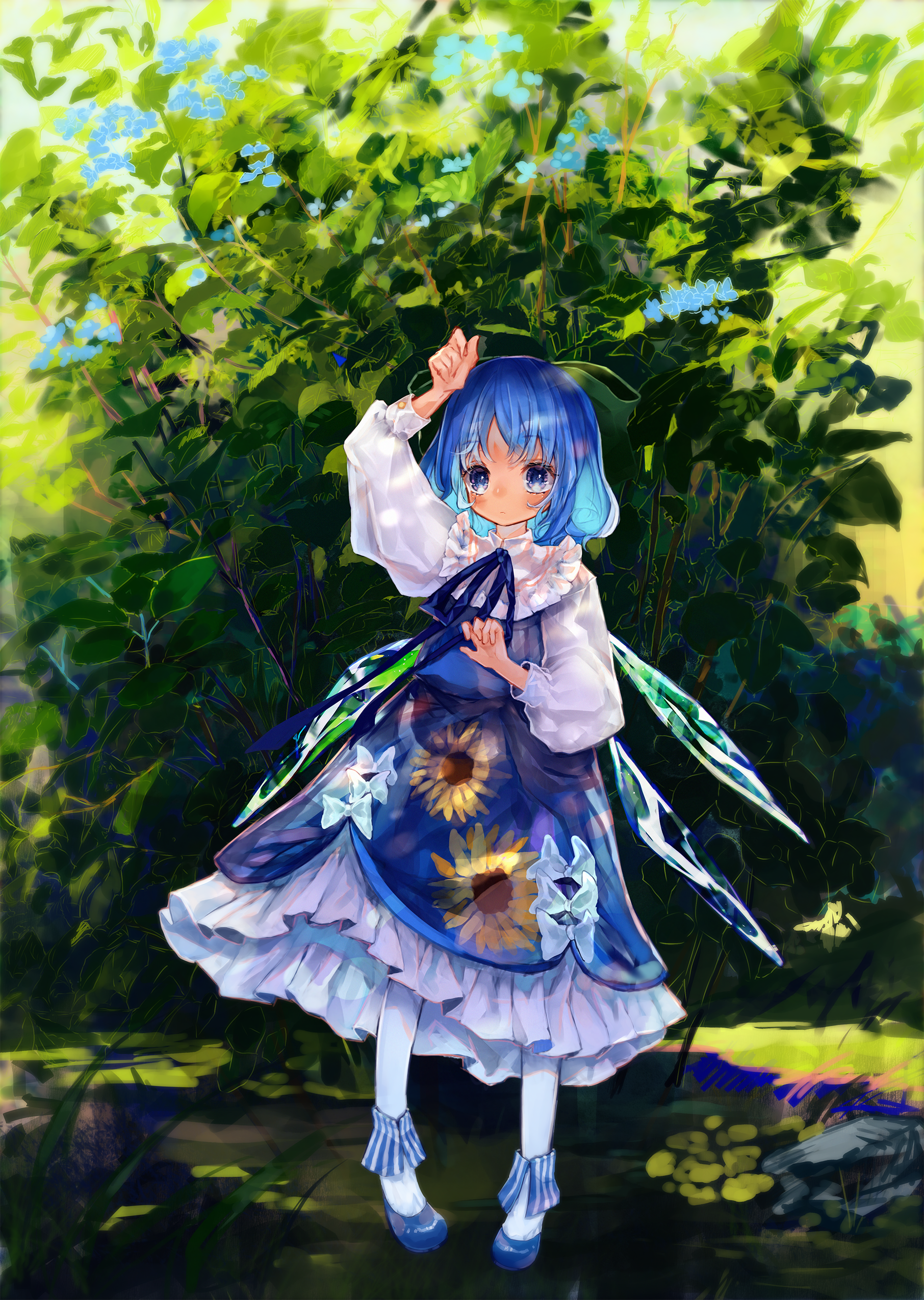 1girl absurdres adapted_costume blue_dress blue_eyes blue_hair blue_ribbon blue_shoes bow cirno commentary_request day detached_wings dress floral_print flower full_body green_background green_bow hair_bow hand_up highres ice ice_wings long_sleeves neck_ribbon outdoors pantyhose plant puffy_sleeves ribbon shirt shoes short_hair solo sunflower_print syukou touhou white_pantyhose white_shirt wings
