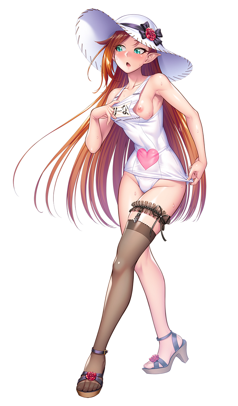 1girl aqua_eyes blush full_body hat highres lilith-soft long_hair nipples official_art one-piece_swimsuit orange_hair pantyhose pointy_ears selvia_rosemary simple_background solo swimsuit taimanin_(series) taimanin_rpgx zol