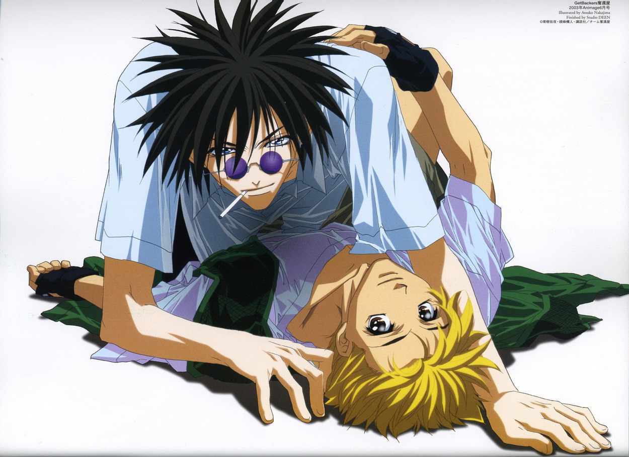 2boys amano_ginji atsuko_nakajima black_hair blonde_hair blue_eyes brown_eyes cigarette couple getbackers glasses gloves male_focus midou_ban multiple_boys official_art short_hair smile sunglasses yaoi
