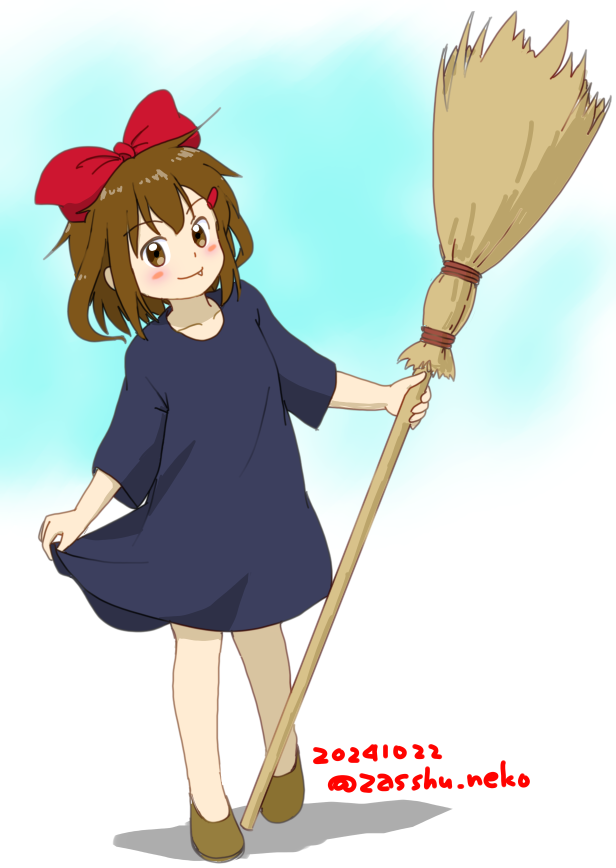 1girl blue_dress bow broom brown_eyes brown_hair commentary_request cosplay dated dress fang full_body ikazuchi_(kancolle) kantai_collection kiki_(majo_no_takkyuubin) kiki_(majo_no_takkyuubin)_(cosplay) looking_at_viewer majo_no_takkyuubin one-hour_drawing_challenge red_bow short_hair smile solo twitter_username zatsu_(zasshu_neko)