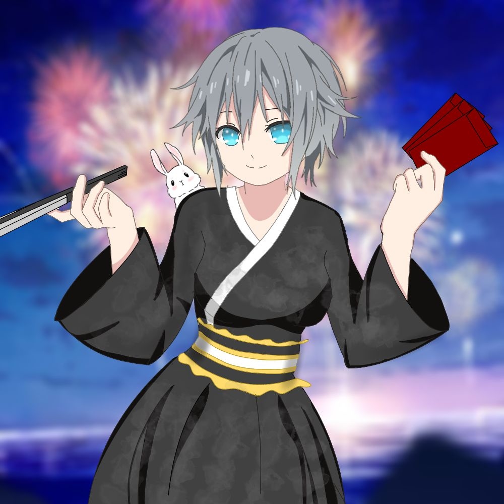 1girl blue_eyes date_a_live firework_background fireworks flinsnok grey_hair honjou_nia japanese_clothes kimono looking_at_viewer rabbit short_hair solo yukata