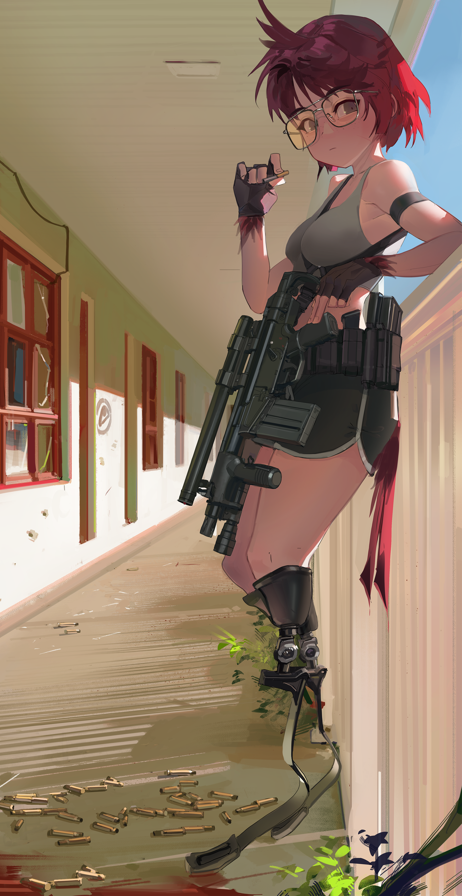 1girl 7.62x51mm_nato absurdres against_railing ammunition_pouch amputee battle_rifle blood carbine double_amputee fingerless_gloves freckles full_body fully_powered_cartridge gloves gpmg_cartridge gun h&k_hk51 highres looking_at_viewer magazine_(weapon) original polilla pouch prosthesis prosthetic_leg railing red_hair rifle rifle_cartridge running_blades shell_casing short-barreled_rifle short_hair smoking solo standing sunglasses very_short_hair weapon