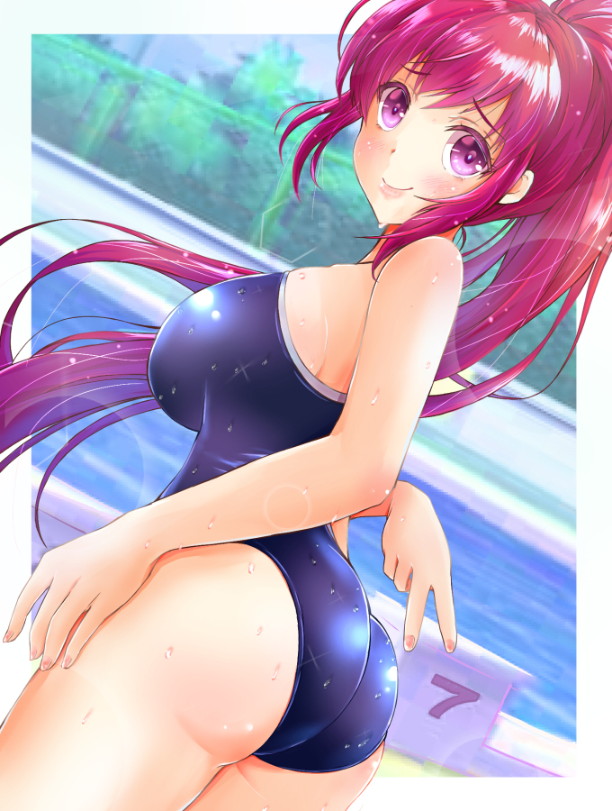 1girl asami_kei girlfriend_(kari) one-piece_swimsuit ponytail pool school_swimsuit swimsuit