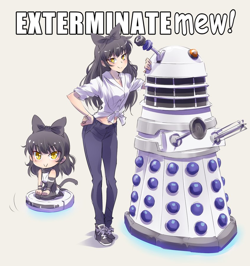 2girls :&gt; animal_ears black_hair blake_belladonna blush bow cat_ears cat_tail chibi crossover dalek doctor_who dual_persona english_text front-tie_top full_body grey_background hair_bow hair_ornament hair_ribbon hand_on_own_hip iesupa kemonomimi_mode long_hair meme midriff multiple_girls multiple_persona navel pants pantyhose ribbon robot robotic_vacuum_cleaner rwby rwby_chibi seiza shirt simple_background sitting slit_pupils standing tail tied_shirt white_shirt yellow_eyes