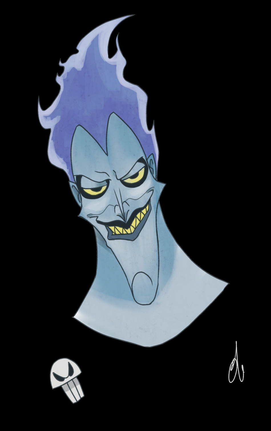1boy blue_hair colored_skin disney fiery_hair fire greco-roman_clothes hades_(disney) hercules_(1997_movie) highres long_hair looking_at_viewer male_focus okoge1138 sharp_teeth short_hair simple_background smile tagme teeth yellow_eyes