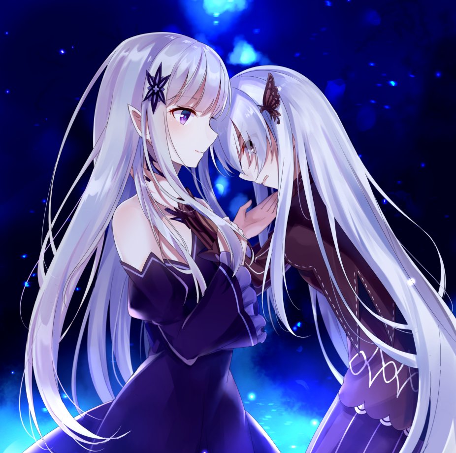 dress echidna_(re:zero) elf nemu_mohu pointy_ears re:zero_kara_hajimeru_isekai_seikatsu satella_(re:zero) yuri