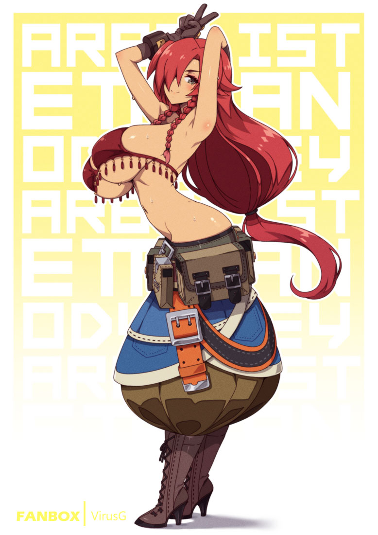 1girl breasts dark-skinned_female dark_skin etrian_odyssey full_body large_breasts long_hair red_hair revealing_clothes solo underboob virus-g