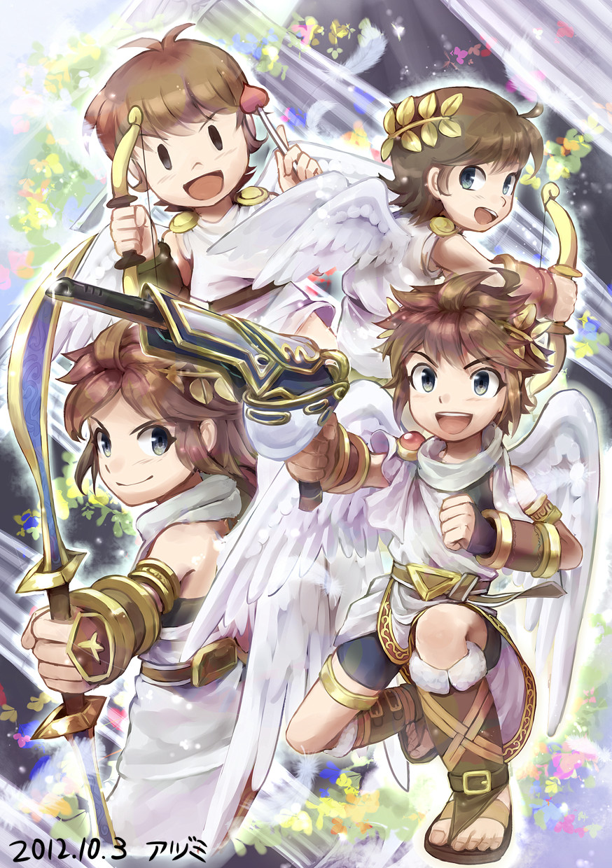 4boys angel angel_wings azumi_(tks-sd) blue_eyes bow_(weapon) brown_hair dual_persona highres holding holding_weapon kid_icarus kid_icarus_uprising laurel_crown looking_at_viewer multiple_boys nintendo open_mouth pit_(kid_icarus) smile time_paradox weapon white_wings wings