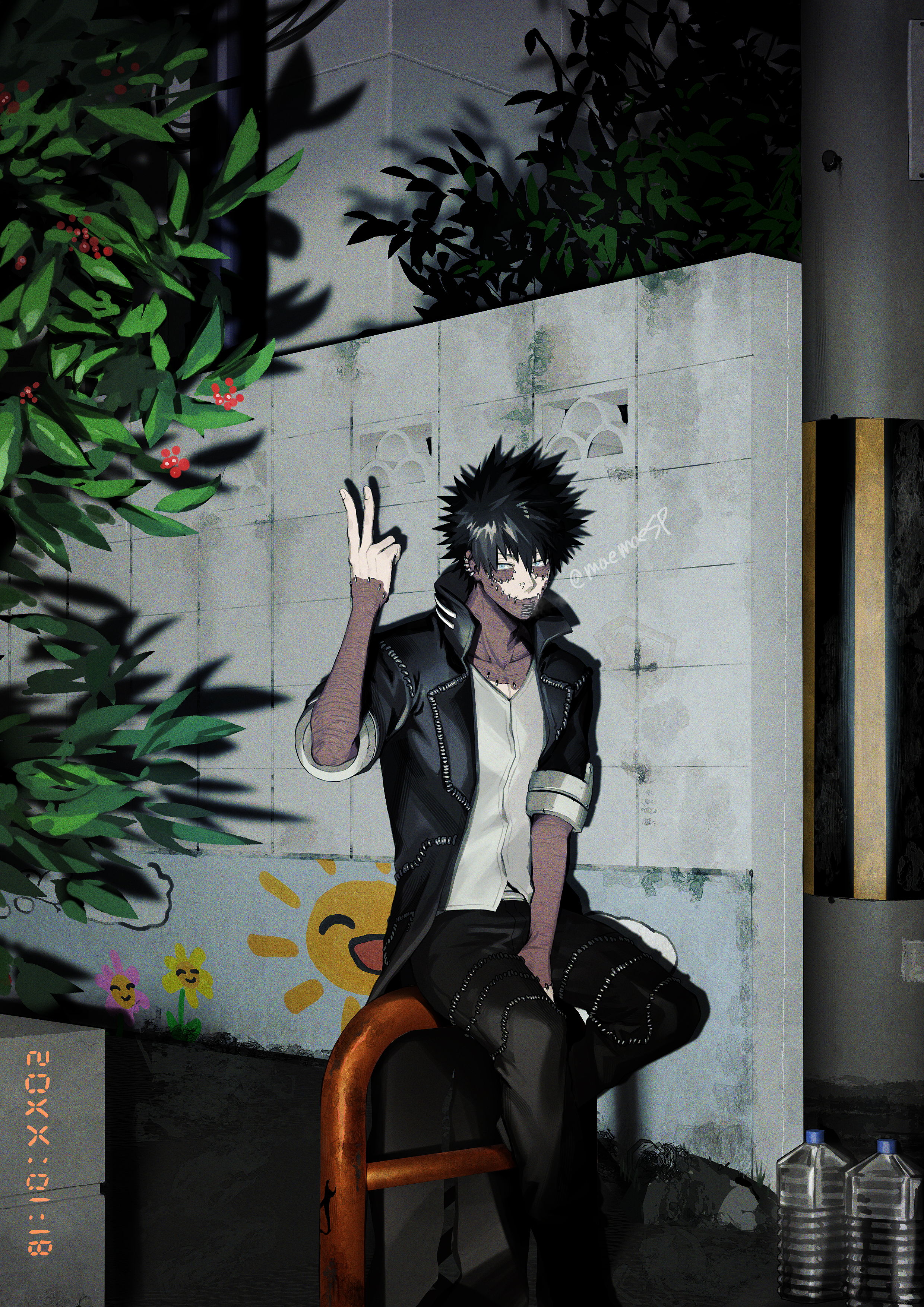 1boy absurdres between_legs black_hair black_jacket black_pants boku_no_hero_academia bottle closed_mouth commentary_request dabi_(boku_no_hero_academia) earrings face_piercing grey_eyes hand_between_legs highres jacket jewelry maemaesp male_focus night nose_piercing nose_ring outdoors pants piercing plant shirt short_hair sitting solo spiked_hair stitched_face stitches sun tile_wall tiles urban v water_bottle white_shirt